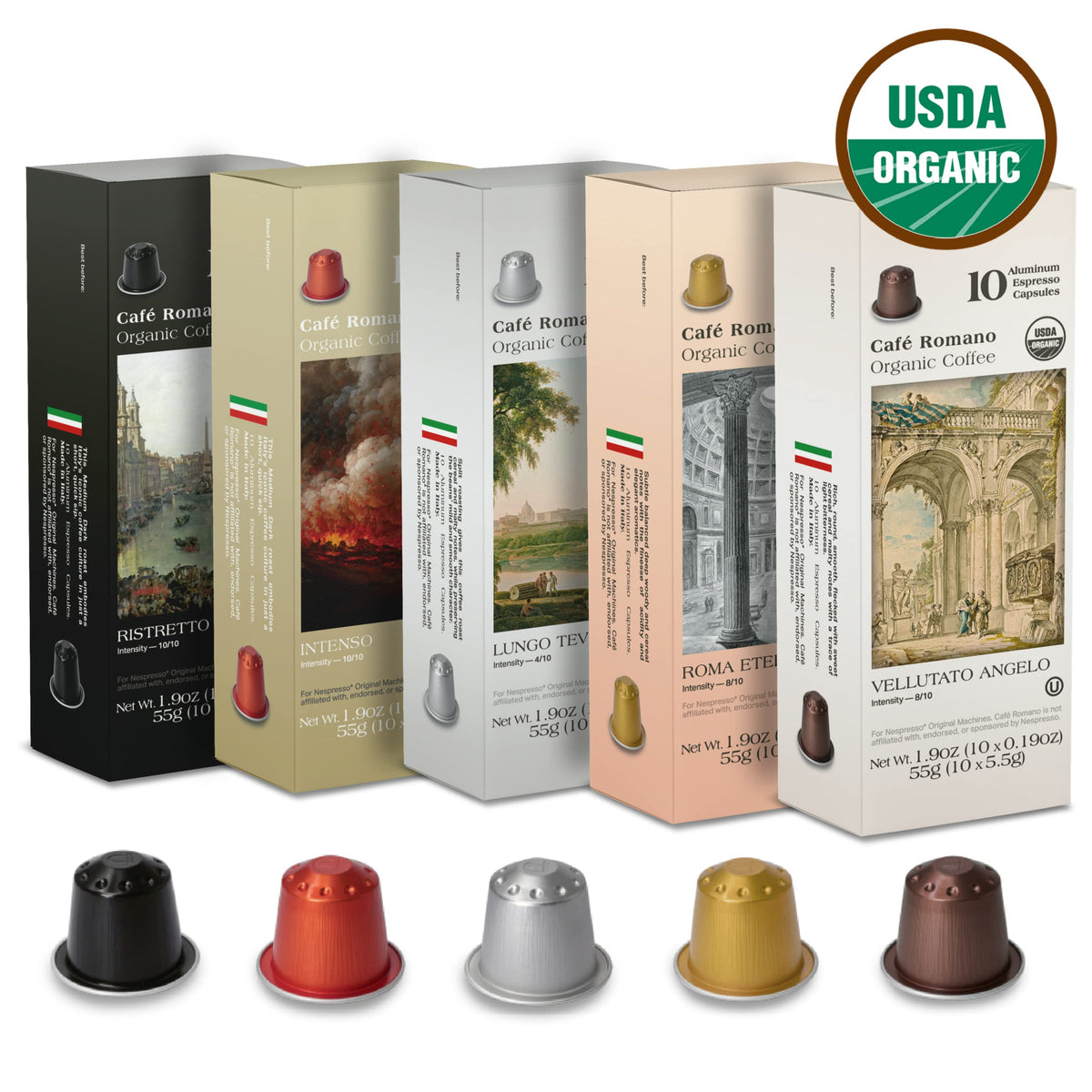 Organic USDA Café Romano Coffee Aluminum Espresso Pods For Nespresso Original Machine 100 Pack Italian Espresso Coffee (Variety pack)